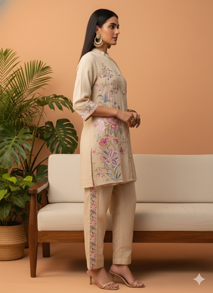 Kiara Beige Floral Embroidered Co-ord Set