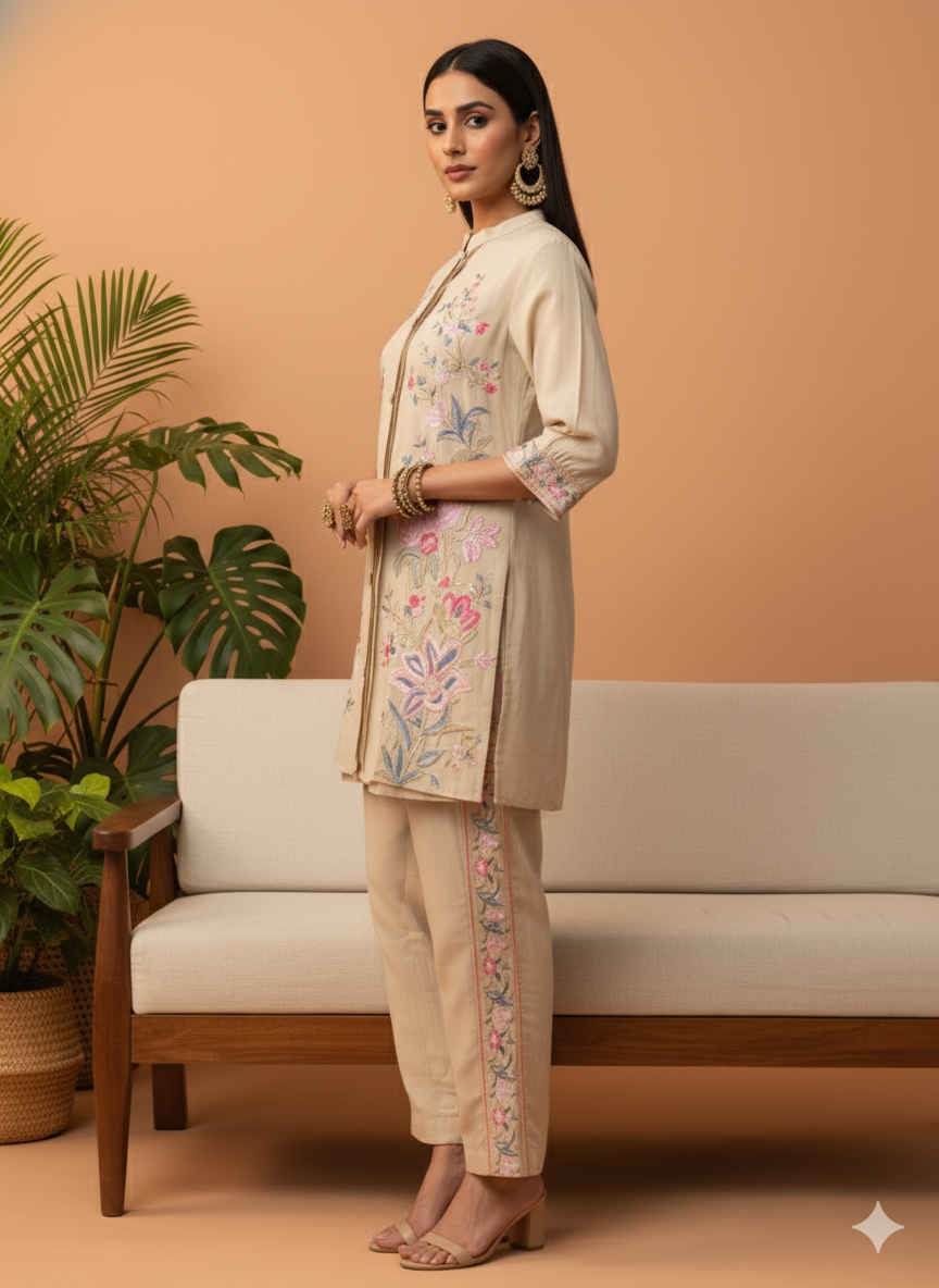 Kiara Beige Floral Embroidered Co-ord Set