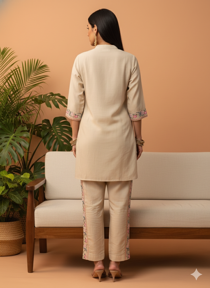 Kiara Beige Floral Embroidered Co-ord Set