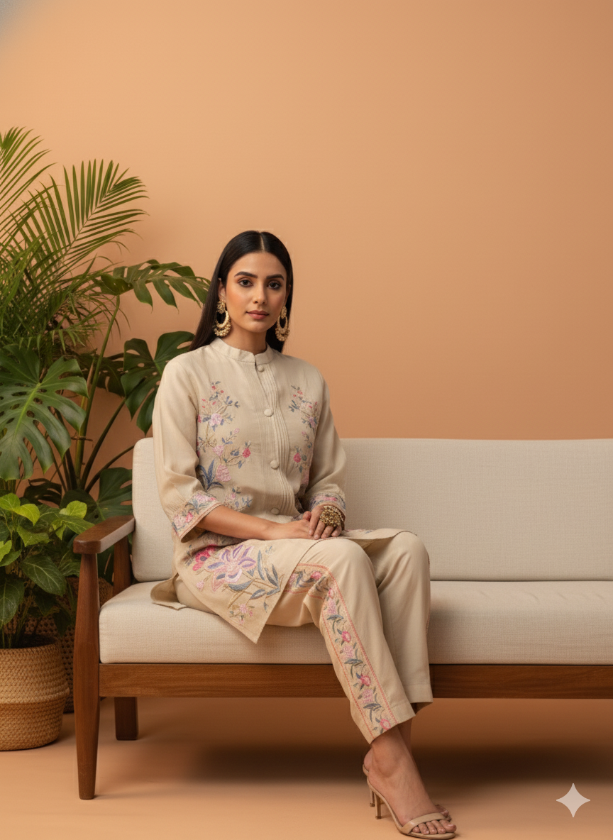 Kiara Beige Floral Embroidered Co-ord Set