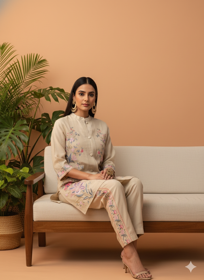 Kiara Beige Floral Embroidered Co-ord Set