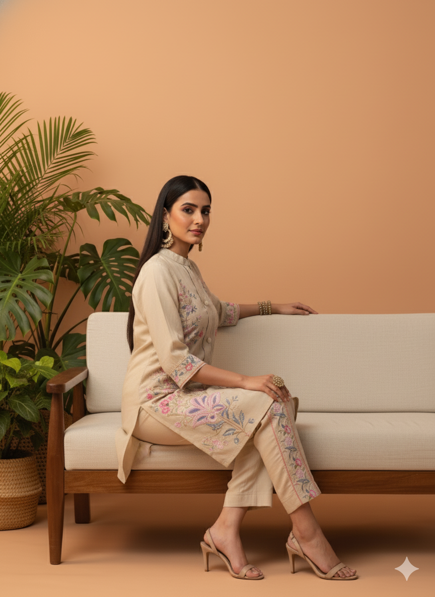 Kiara Beige Floral Embroidered Co-ord Set