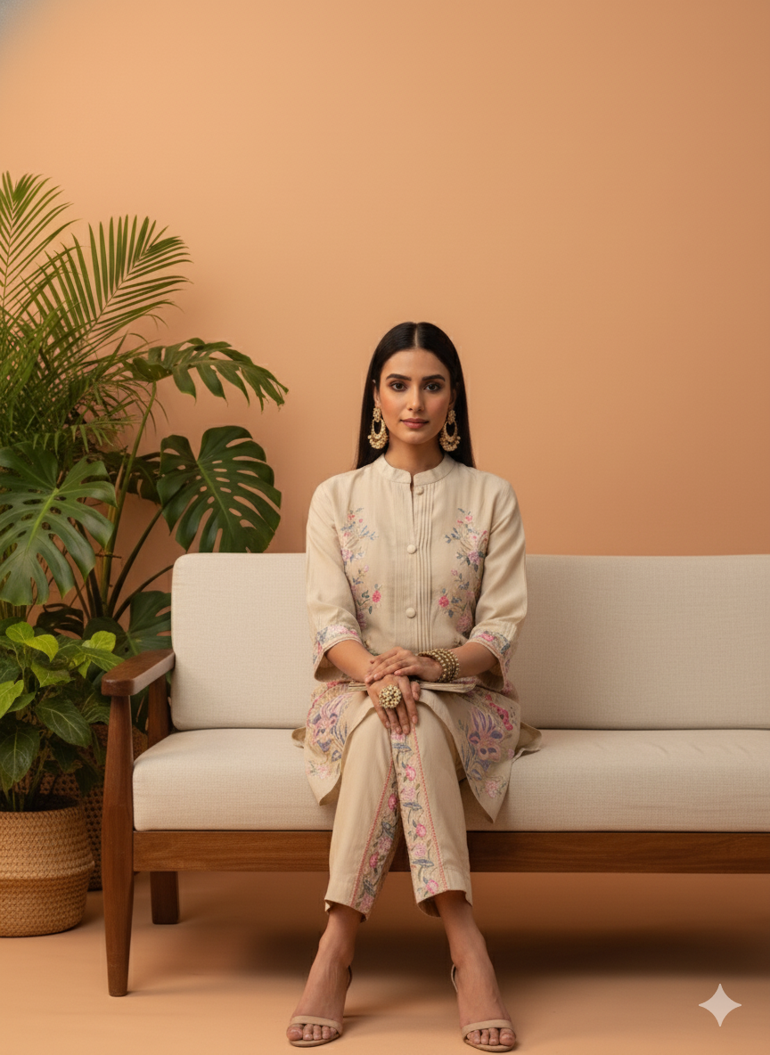 Kiara Beige Floral Embroidered Co-ord Set