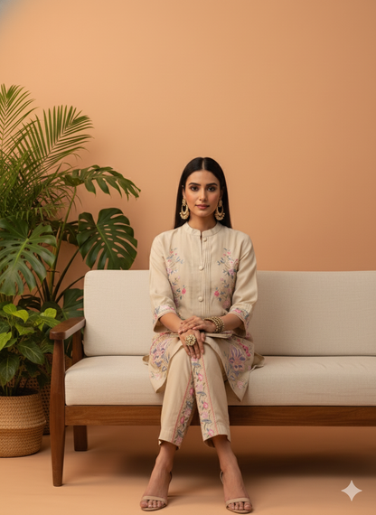 Kiara Beige Floral Embroidered Co-ord Set