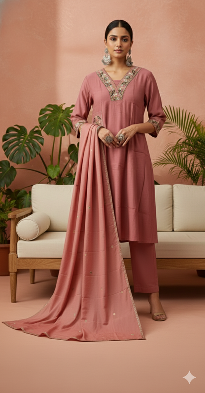 Nimesha Dusty Rose Embroidered Kurta Set with Dupatta