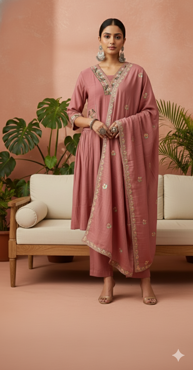 Nimesha Dusty Rose Embroidered Kurta Set with Dupatta