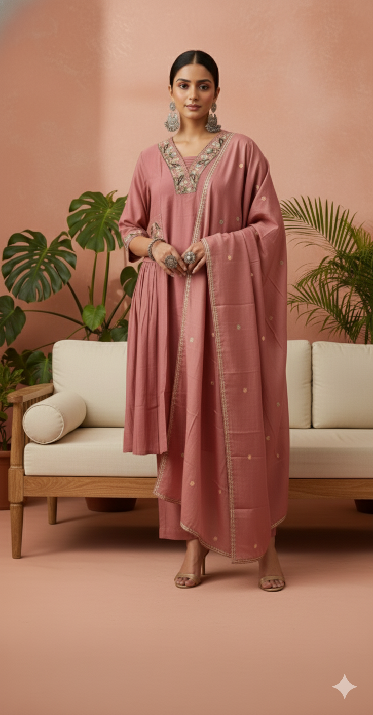 Nimesha Dusty Rose Embroidered Kurta Set with Dupatta