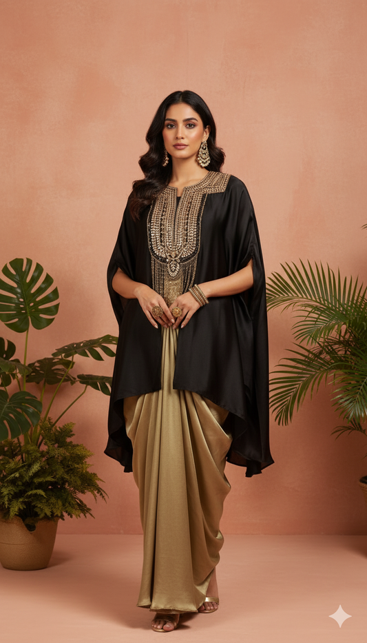 Black Cape Style Embellished Top with Golden Drape Skirt