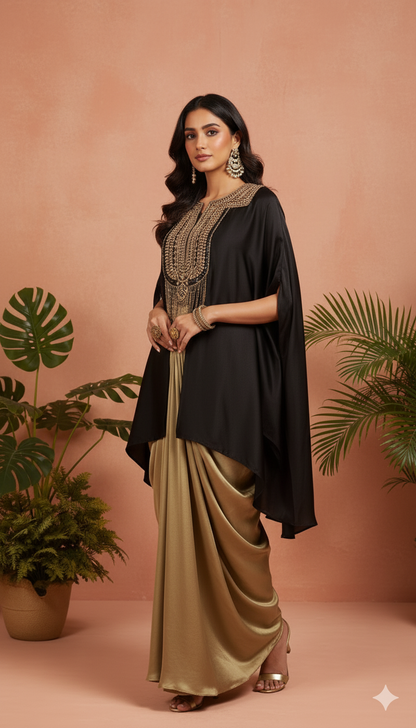 Black Cape Style Embellished Top with Golden Drape Skirt