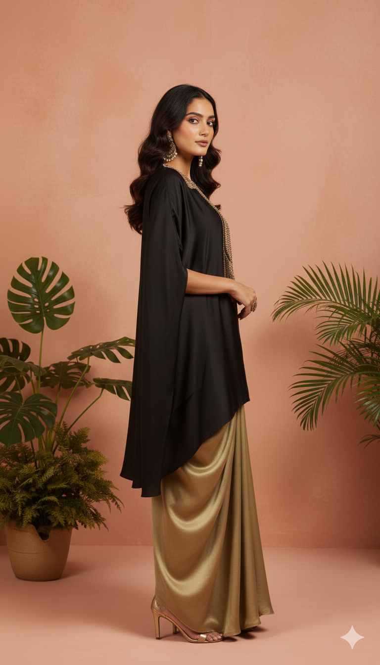 Black Cape Style Embellished Top with Golden Drape Skirt