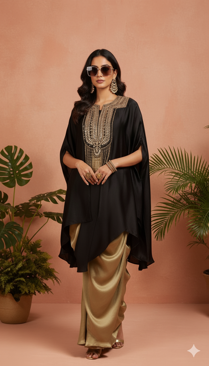 Black Cape Style Embellished Top with Golden Drape Skirt