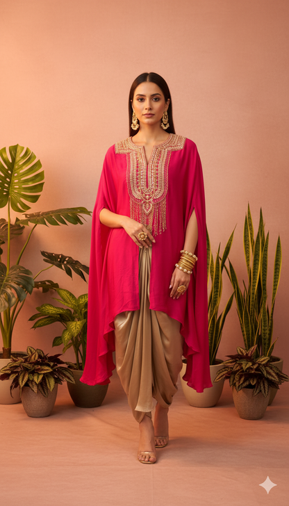 Fuchsia Cape Style Embellished Top with Golden Drape Skirt SeT