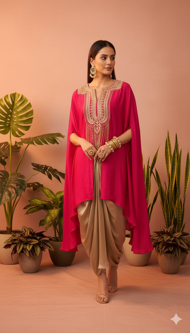 Fuchsia Cape Style Embellished Top with Golden Drape Skirt SeT