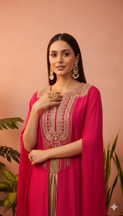 Fuchsia Cape Style Embellished Top with Golden Drape Skirt SeT