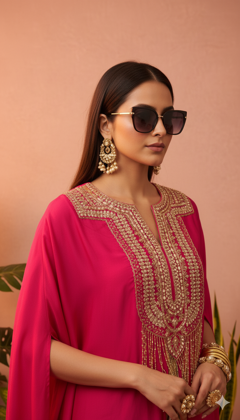 Fuchsia Cape Style Embellished Top with Golden Drape Skirt SeT