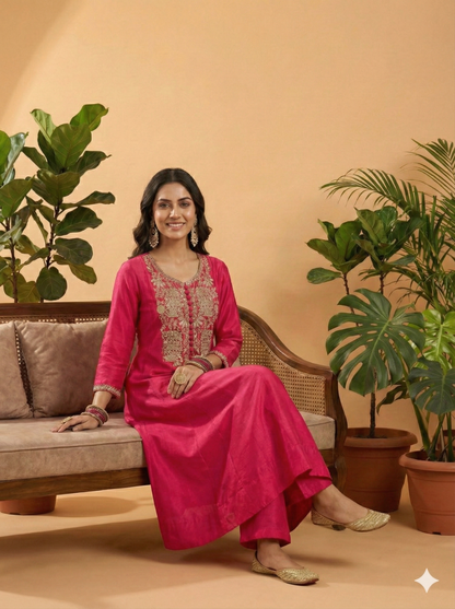 Zeena Rani Embroidered Long Kurta with Pant Set