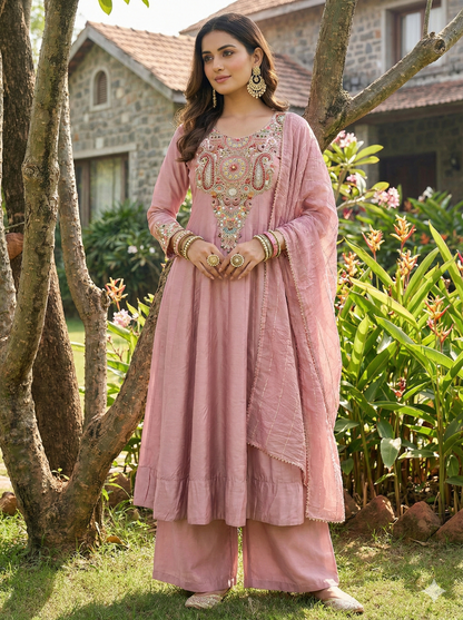 Devika Onion Fit-Flared Kurta and Trouser with Dupatta Set