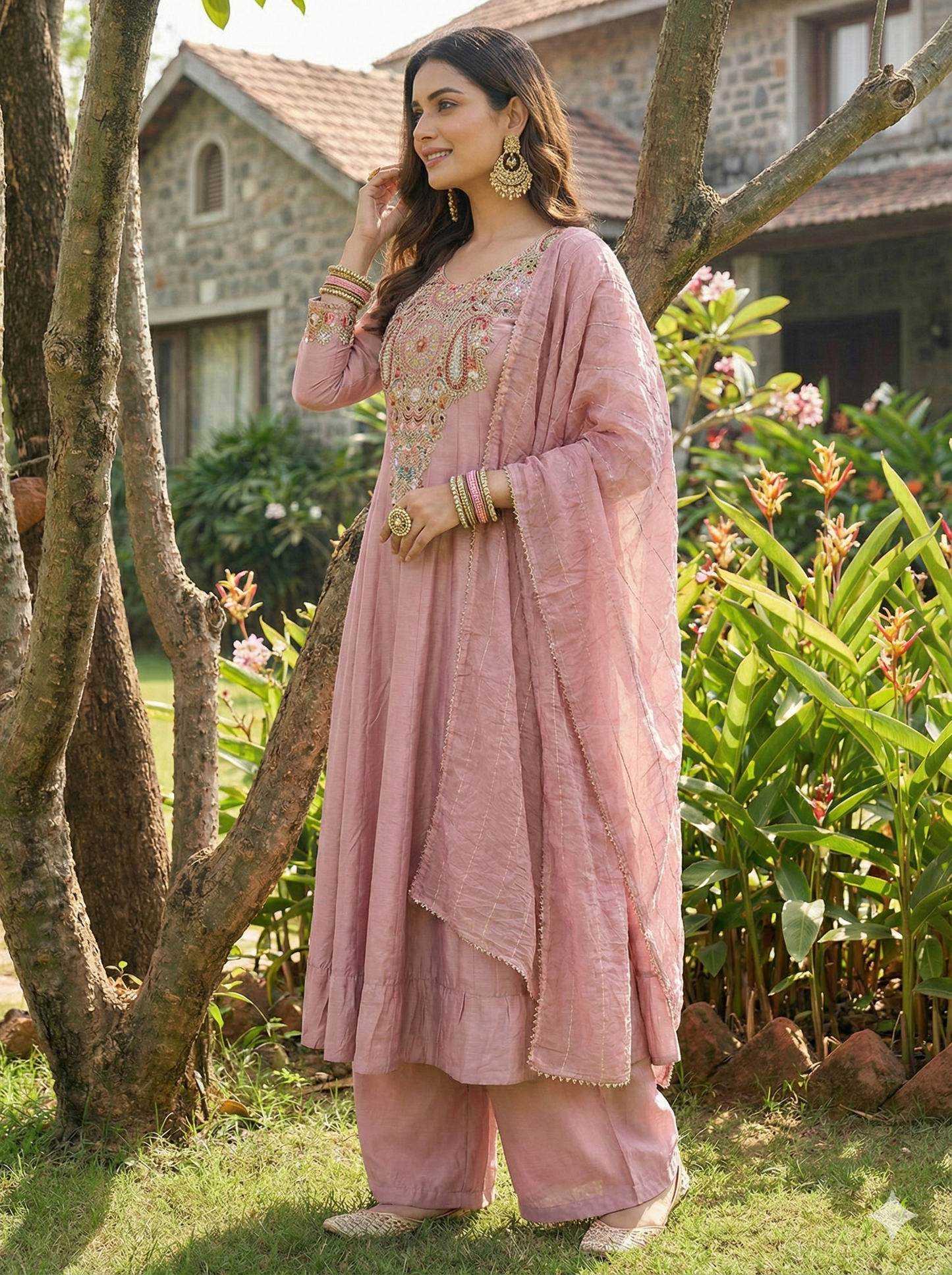 Devika Onion Fit-Flared Kurta and Trouser with Dupatta Set