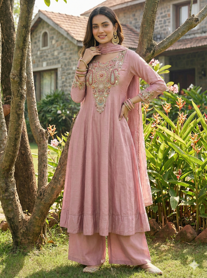 Devika Onion Fit-Flared Kurta and Trouser with Dupatta Set