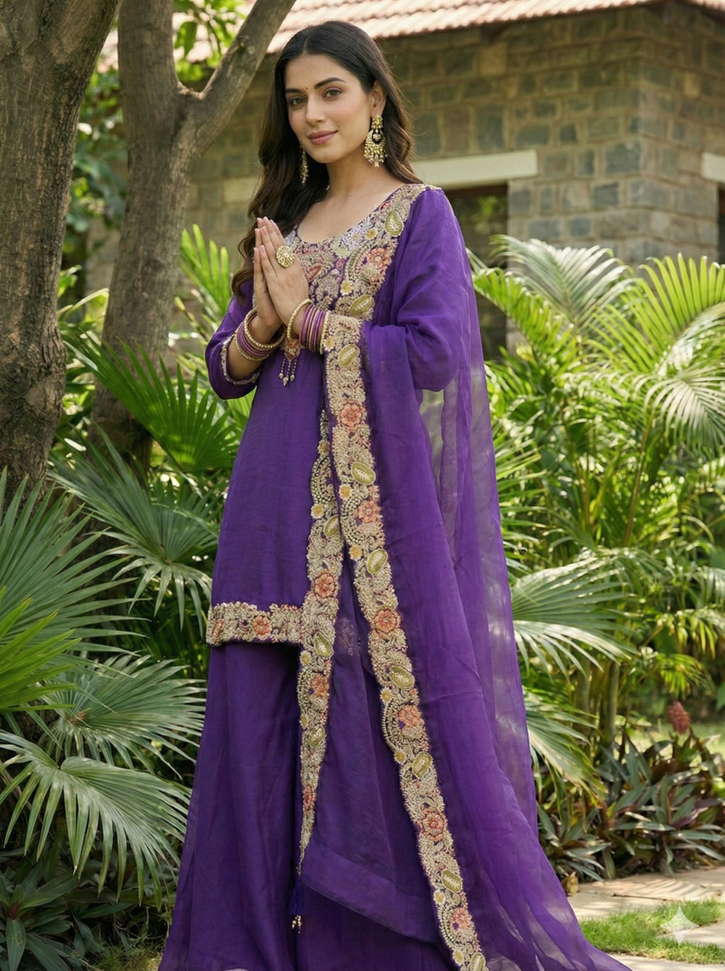 Indira Purple Floral Kurta and Palazzo with Dupatta Set