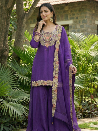 Indira Purple Floral Kurta and Palazzo with Dupatta Set