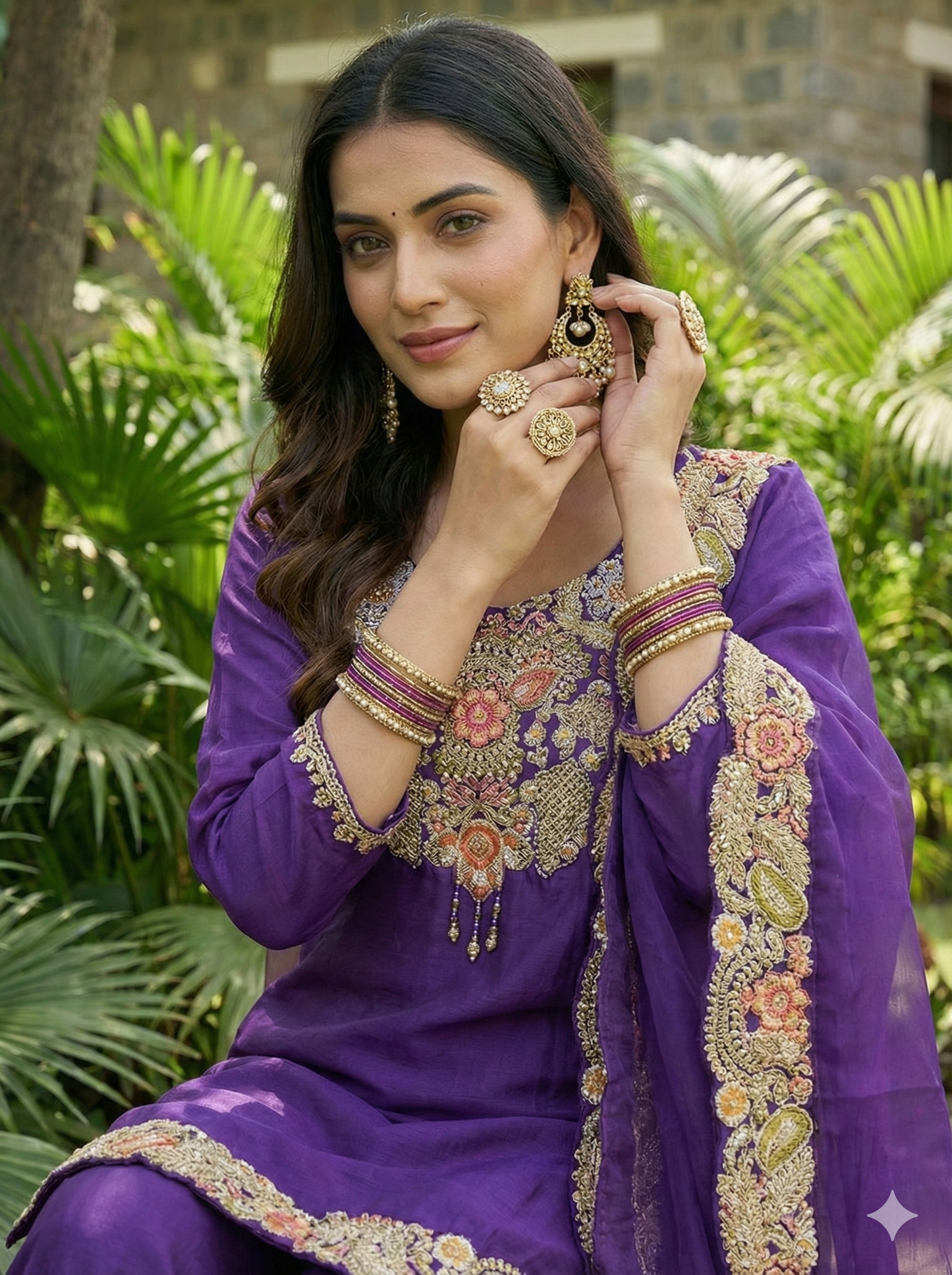 Indira Purple Floral Kurta and Palazzo with Dupatta Set