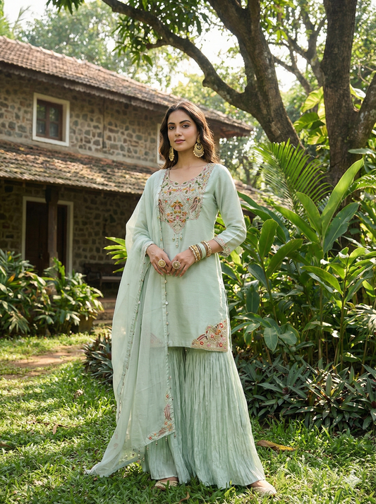 Zubeida Blue Embroidered Kurta and Sharara with Dupatta Set