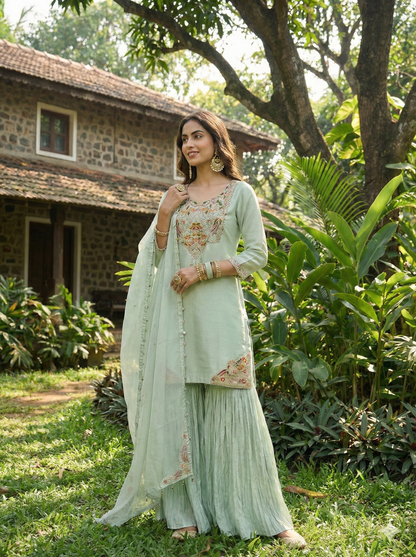 Zubeida Blue Embroidered Kurta and Sharara with Dupatta Set