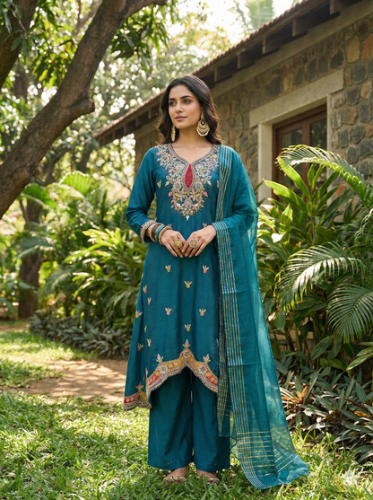 Ruby Blue Indo Western Kurta and Pant with Dupatta Set
