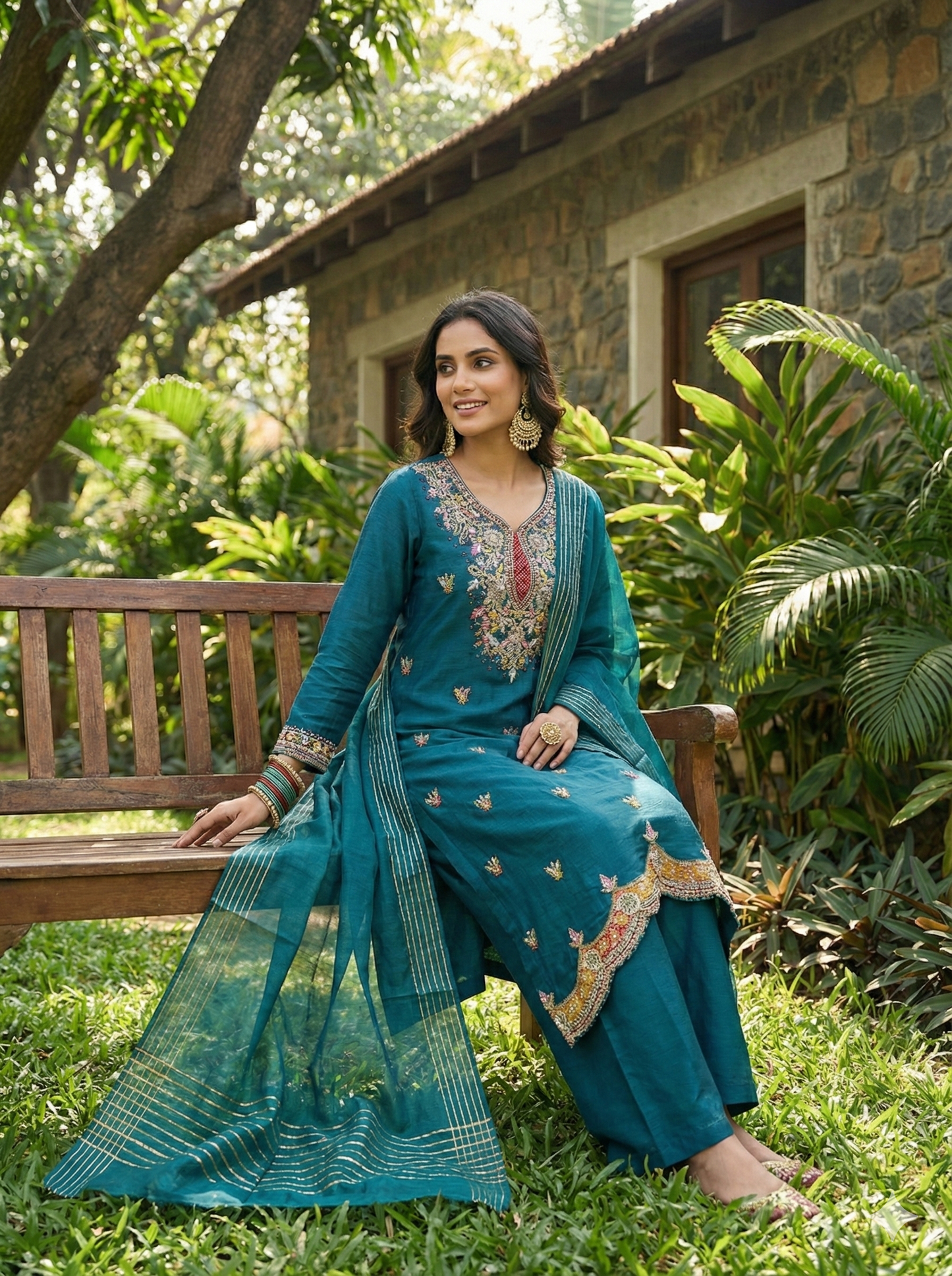 Ruby Blue Indo Western Kurta and Pant with Dupatta Set