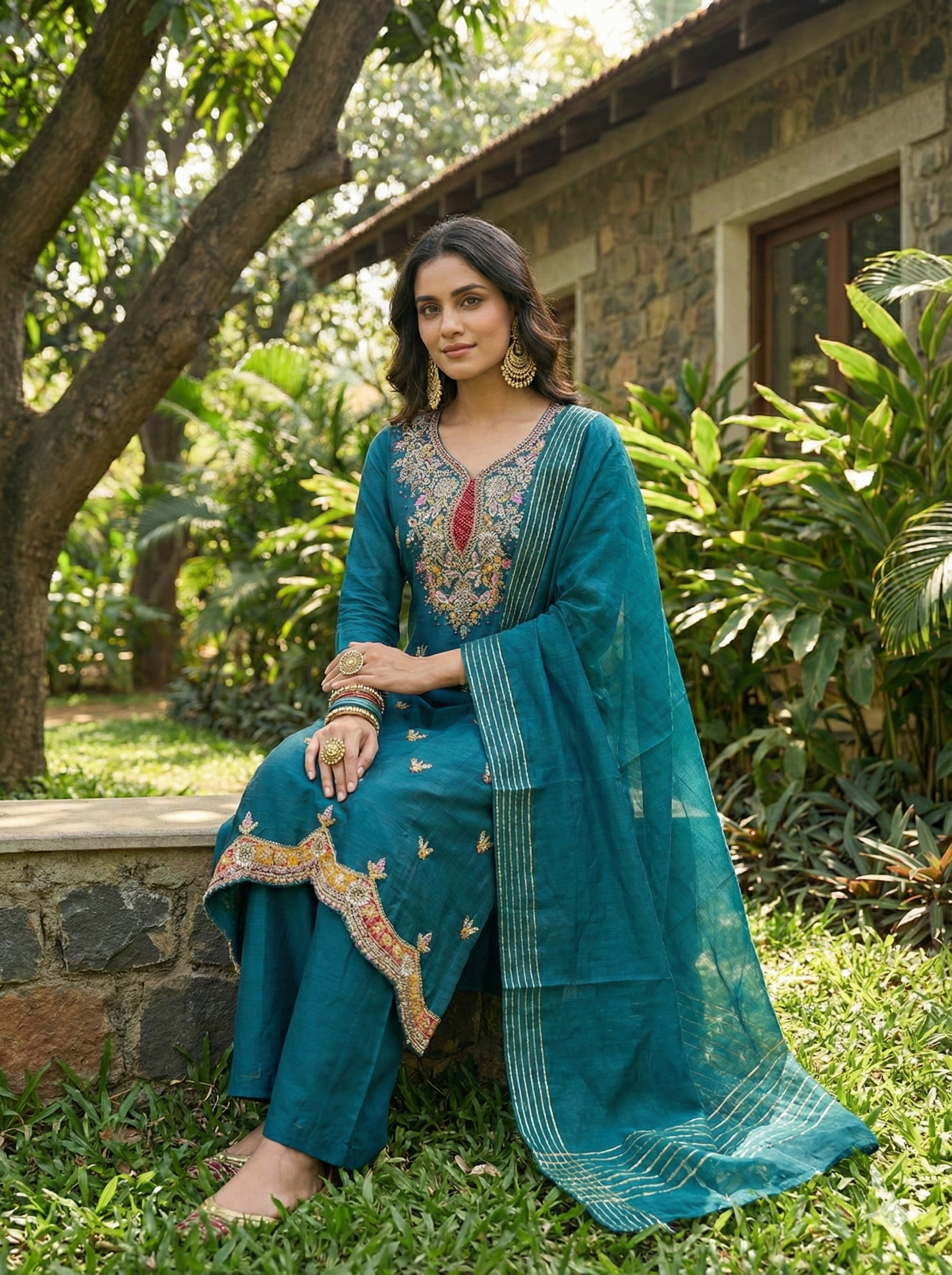 Ruby Blue Indo Western Kurta and Pant with Dupatta Set