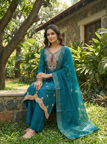 Ruby Blue Indo Western Kurta and Pant with Dupatta Set