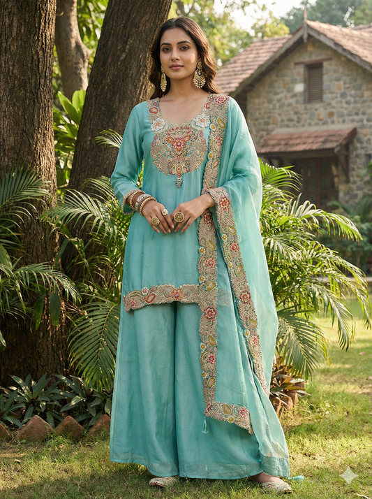 Indira Blue Floral Kurta and Palazzo with Dupatta Set