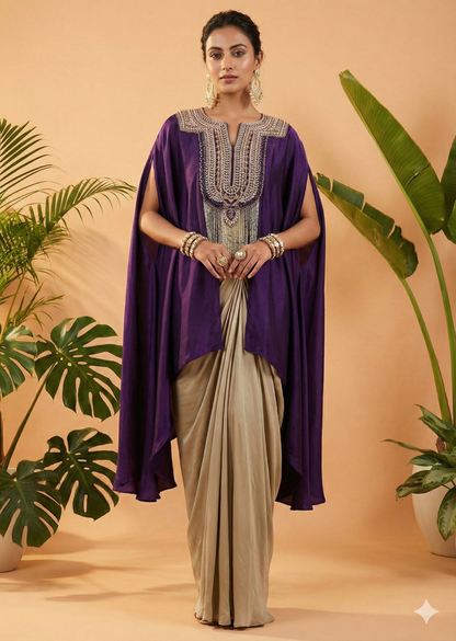 Dratishah Royal Purple Embroidered Cape Kurti with Golden Drape Skirt