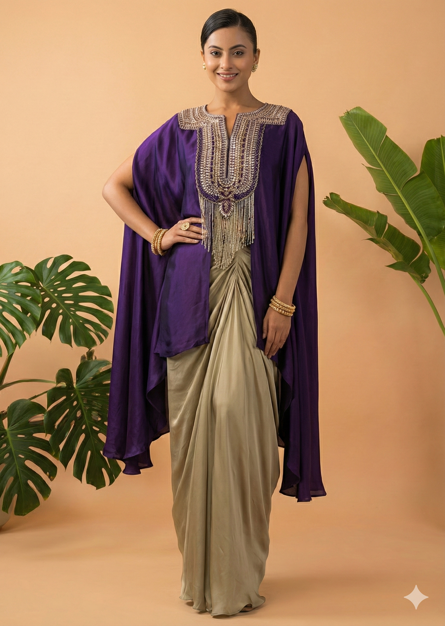 Dratishah Royal Purple Embroidered Cape Kurti with Golden Drape Skirt