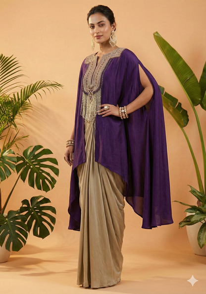 Dratishah Royal Purple Embroidered Cape Kurti with Golden Drape Skirt