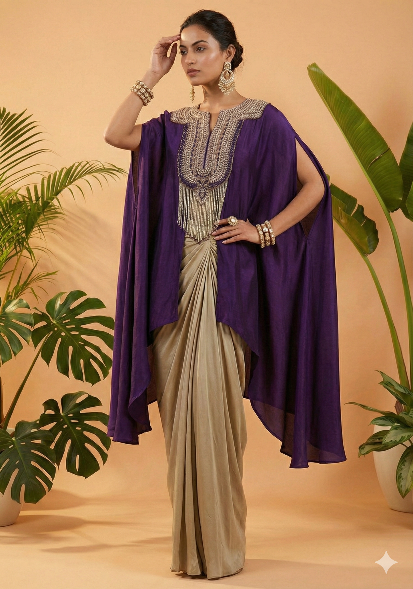 Dratishah Royal Purple Embroidered Cape Kurti with Golden Drape Skirt