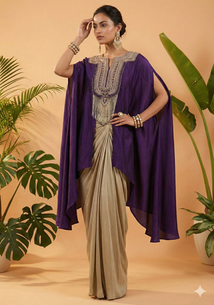 Dratishah Royal Purple Embroidered Cape Kurti with Golden Drape Skirt