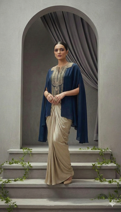 Jyoni Midnight Blue Embroidered Cape Kurti with Golden Drape Skirt