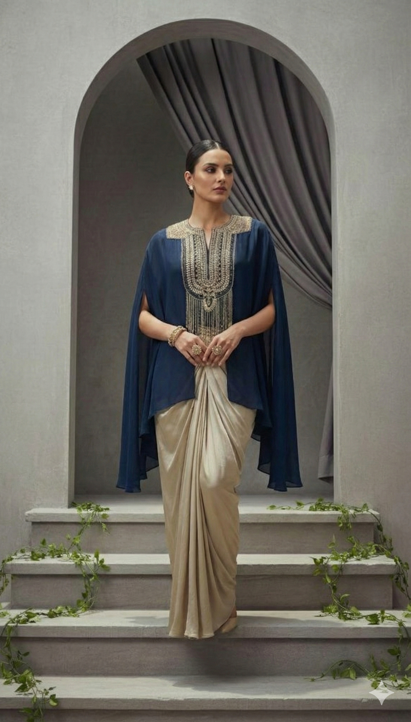 Jyoni Midnight Blue Embroidered Cape Kurti with Golden Drape Skirt