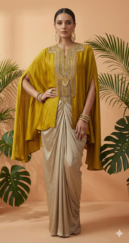 Lakhsu Mustard Embellished Cape Kurti with Champagne Drape Skirt