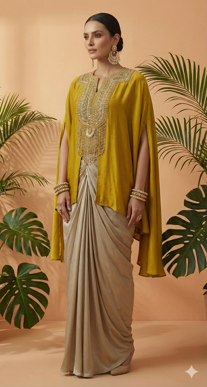 Lakhsu Mustard Embellished Cape Kurti with Champagne Drape Skirt