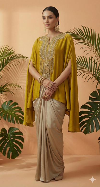Lakhsu Mustard Embellished Cape Kurti with Champagne Drape Skirt