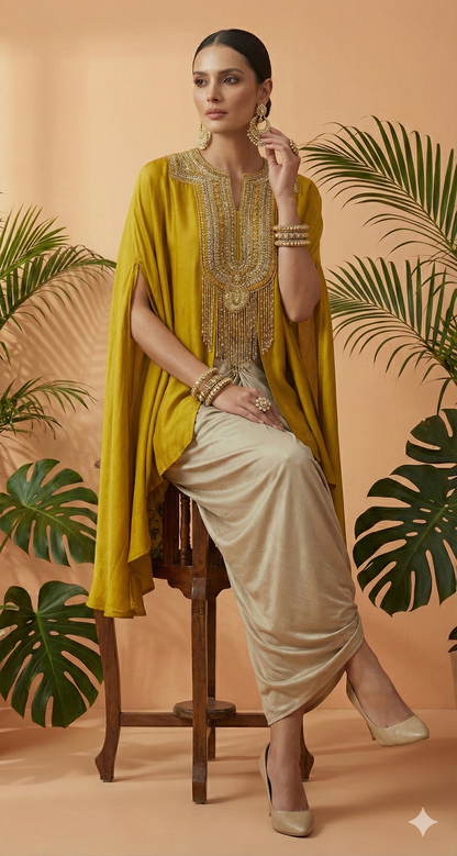 Lakhsu Mustard Embellished Cape Kurti with Champagne Drape Skirt