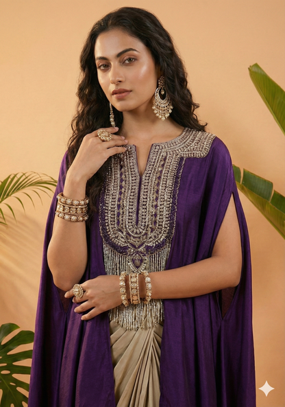 Dratishah Royal Purple Embroidered Cape Kurti with Golden Drape Skirt