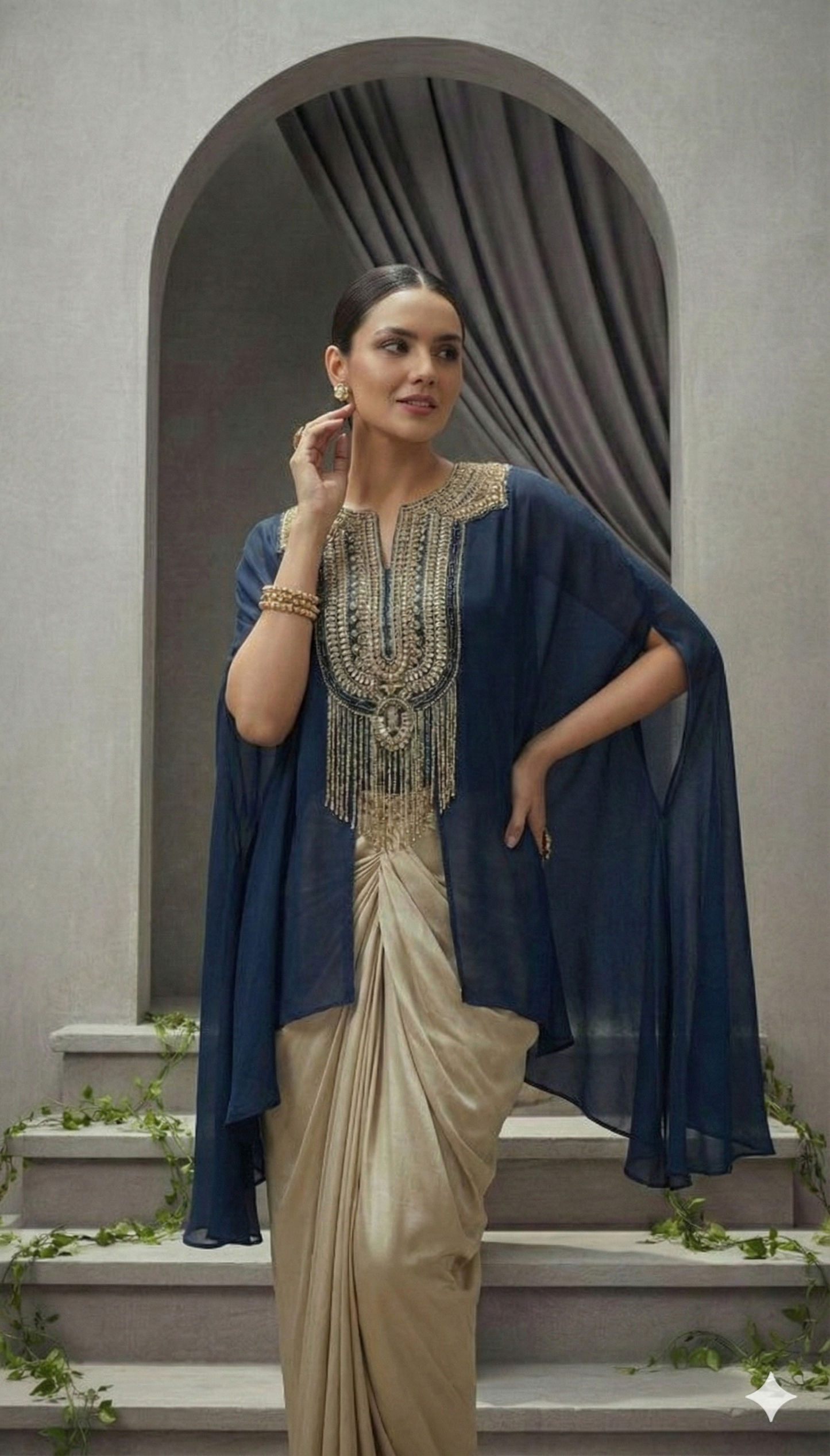 Jyoni Midnight Blue Embroidered Cape Kurti with Golden Drape Skirt