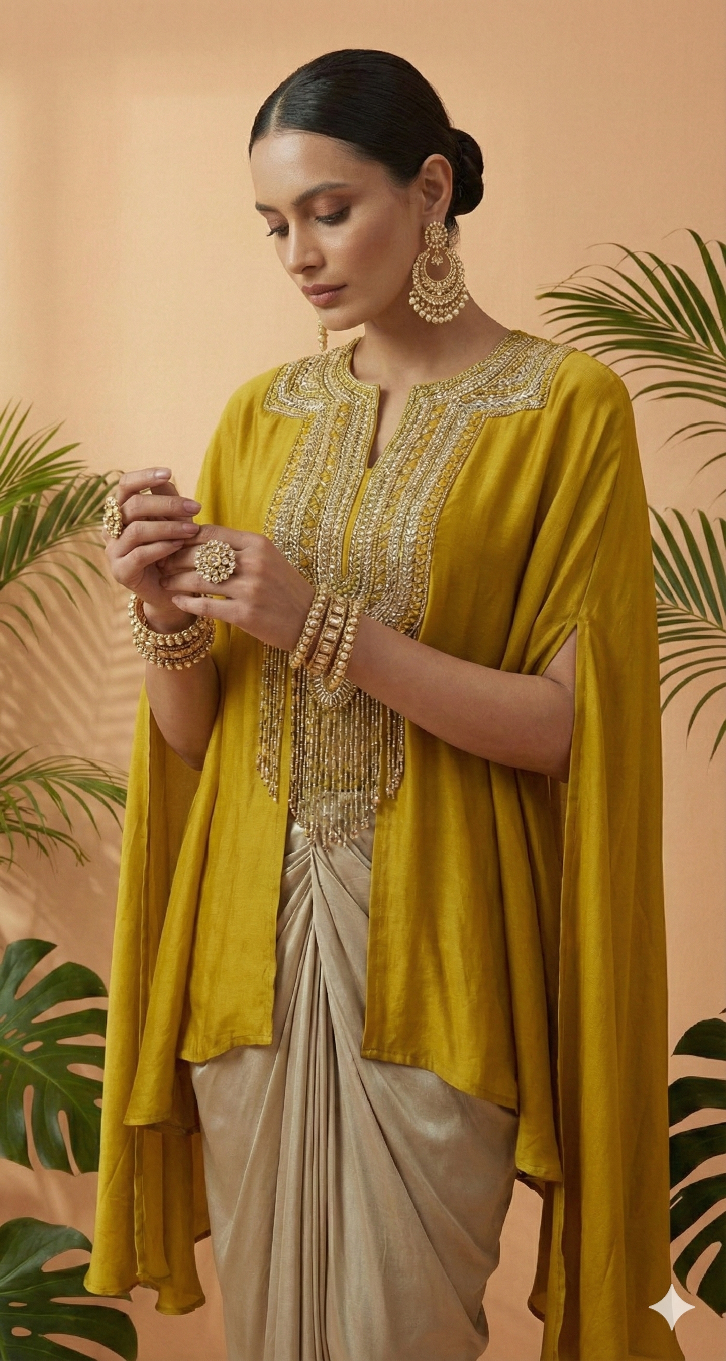 Lakhsu Mustard Embellished Cape Kurti with Champagne Drape Skirt