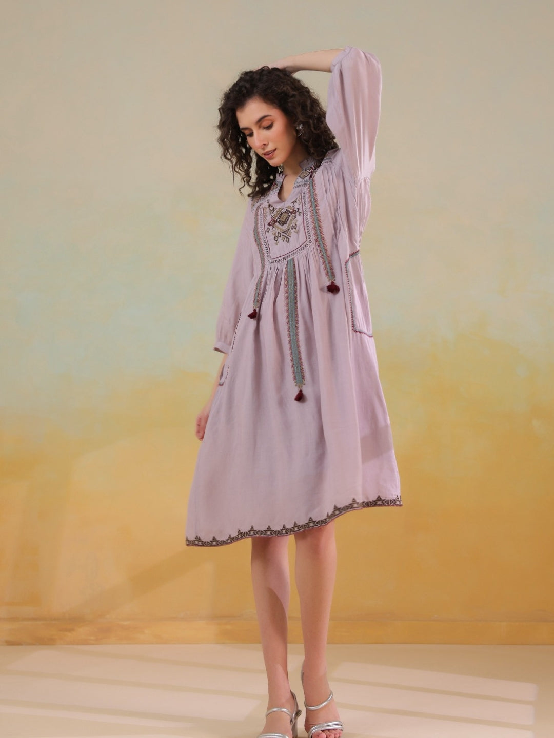 🌸 Elegant Pink Hand-Embroidered Midi Dress
