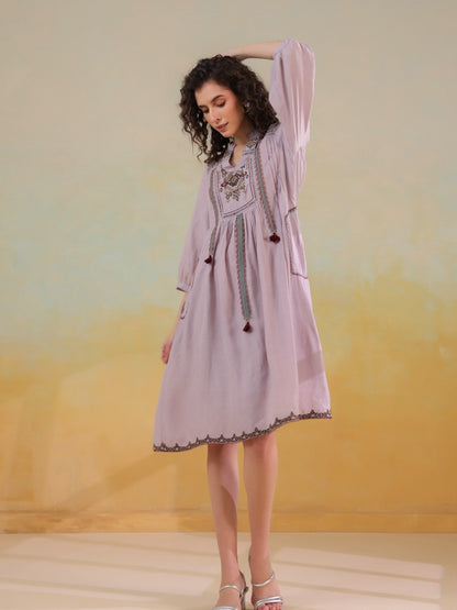 🌸 Elegant Pink Hand-Embroidered Midi Dress