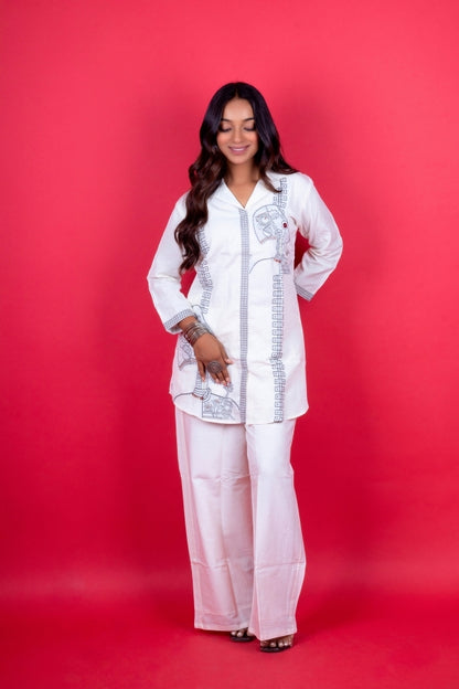 🤍 Elegant White Embroidered Co-ord Set with Thread & Moti Work